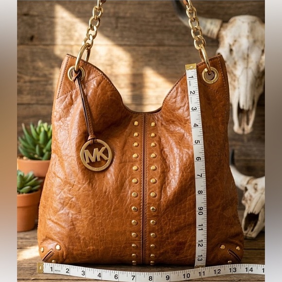 Michael Kors Luxe Studded Leather Hobo Bag - Brown Bohemian Chic Oversized NWT - Picture 2 of 16